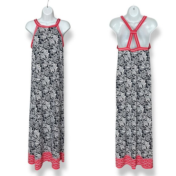Max Studio Dress Column Maxi Floral Black White Racerback Tank  Sleeveless Small - Picture 1 of 11
